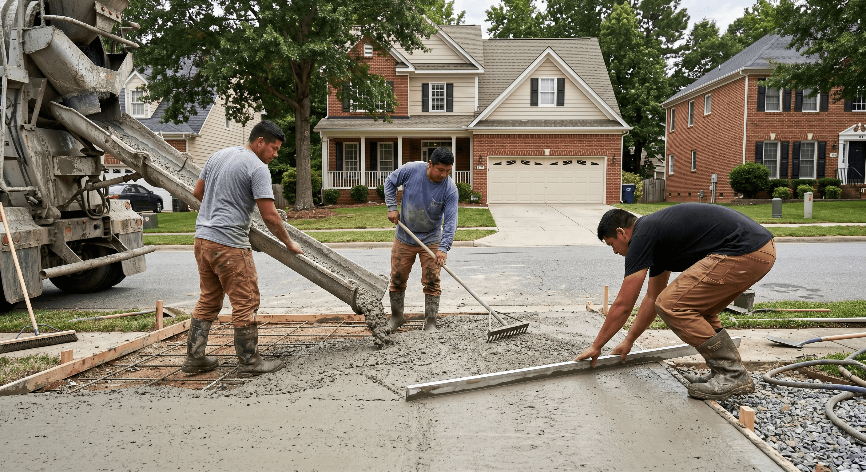 Crew pouring and finishing a concrete driveway